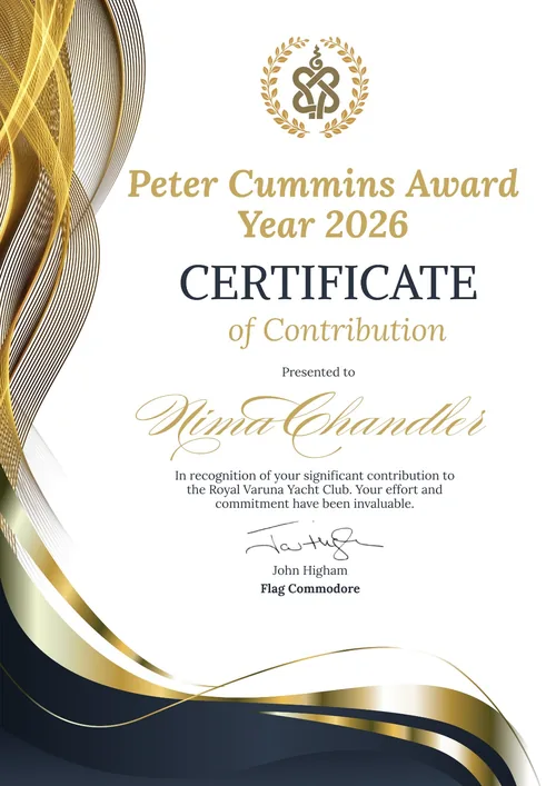 Peter Cummins Award Year 2026 certificate of contribution, presented to Nima Chandler and signed by Flag Commodore John Higham